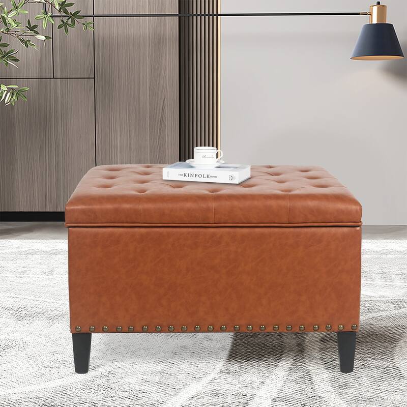 Adeco Large Square Footstool Fabric Storage Ottoman Bench - Light Brown