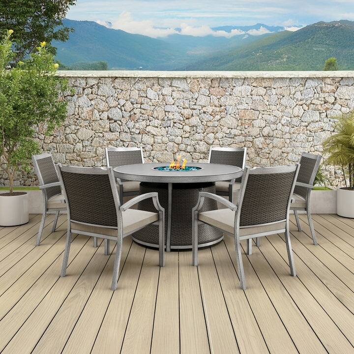 Kinger Home Isla Rattan 7-Piece Patio Set with Propane Fire Pit Table - 76-Inch