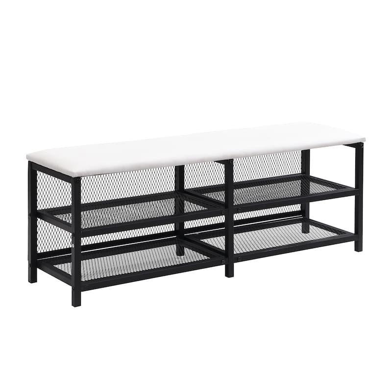 Platform Bed with 2-Tier Storage Shelves & Wooden Storage Cabinet, Metal Bed Frame w/Upholstered Headboard & USB Ports