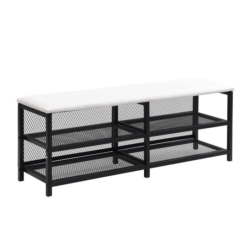 Twin Size Metal Platform Bed with Two-Tier Storage Shelves and Wooden Cabinet, Black