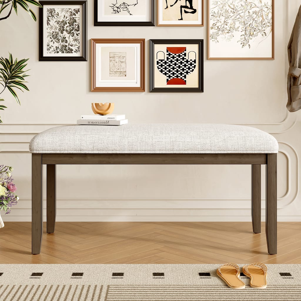Beige Brown Upholstered Bench Entryway Bench Dining Bench with Padded Seat, Lounge Bench Leisure Bench with Wood Legs