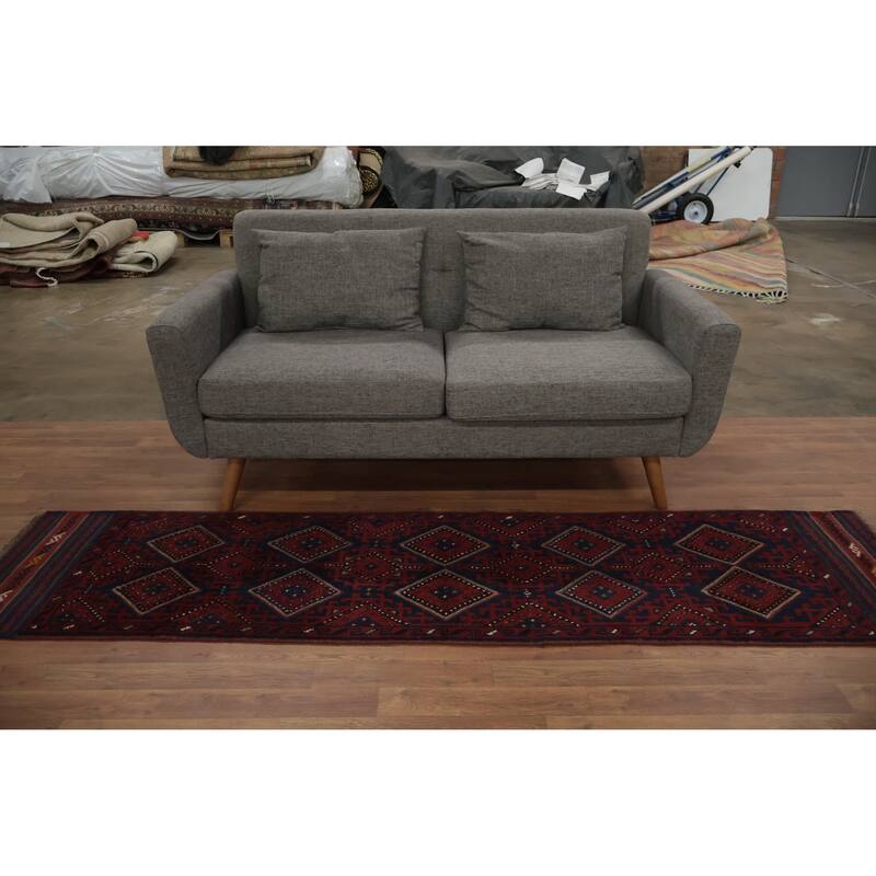 Hand Knotted Oriental 100% Wool Carpet Traditional Tribal Navy Blue & Blues Balouch Runner Rug - 8' 3'' X 2' 1''