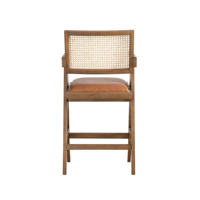 Harley Nutmeg Brown Solid Wood and Rattan Upholstered Counter or Bar Height Barstool