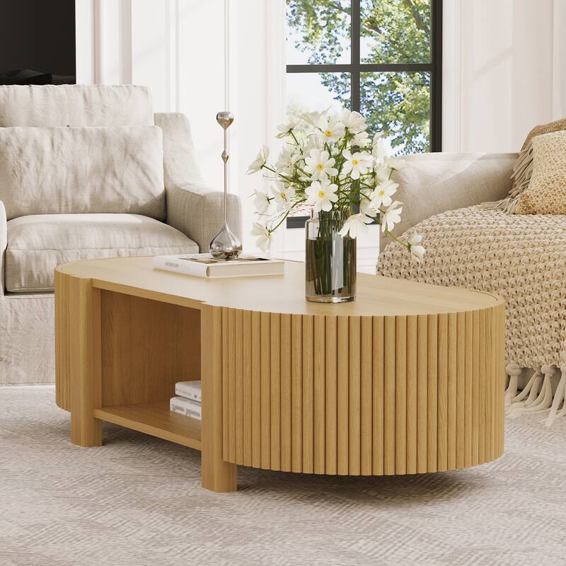 47" Oval Fluted Coffee Table with 2 Doors, Open Shelf & Wood Finish