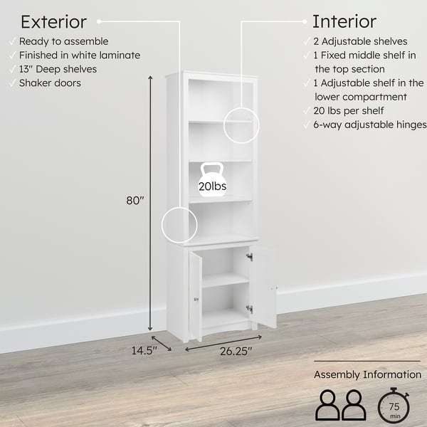 dimension image slide 0 of 2, Tall Bookcase with 2 Shaker Doors, White