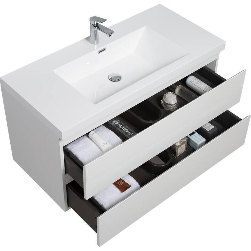 ABRUZZO 42" Floating Single Bathroom Vanity Wall-Mounted with Integrated Resin Top Basin 2 Soft Close Drawers Full Assembly