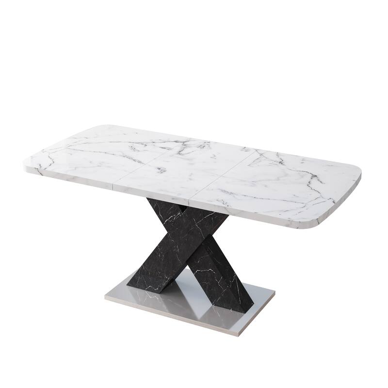 Modern Square Dining Table, Stretchable, with X-Shape Table Leg with Metal Base