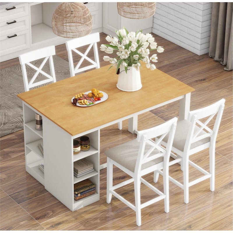 Kitchen Island Dining Table Set for 4,Farmhouse Dining Set w/3-Tier Storage Shelves，Upholstered Dining Chairs