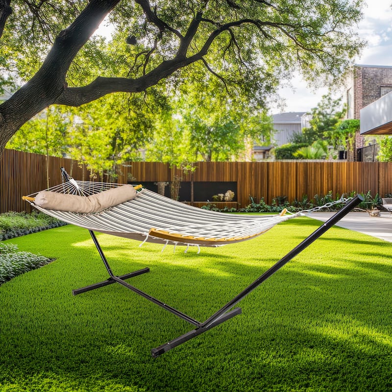 Sunnydaze Quilted Hammock with Curved Bamboo Spreader Bar and Pillow - Neutral Stripe