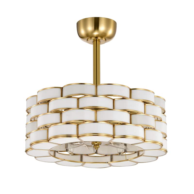 Lighted Ceiling Fan 6-Light Fandelier Brass Trim Opaque Glass Ribbon Weave Shade Remote Control