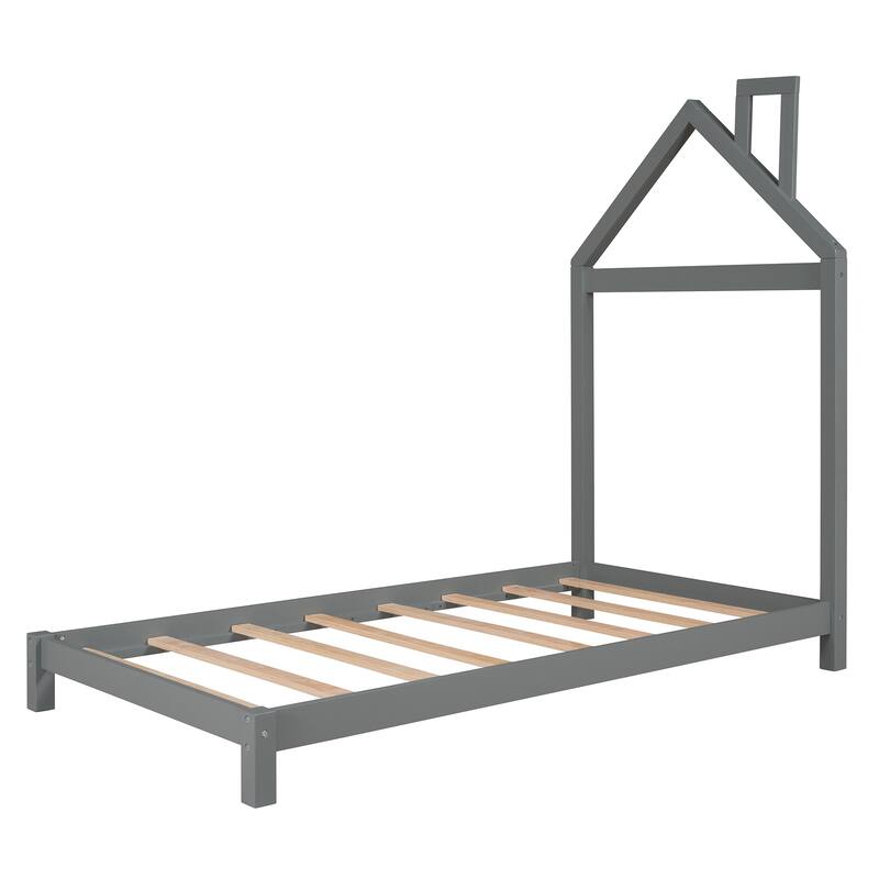 Wood Platform Bed with House-Shaped Headboard