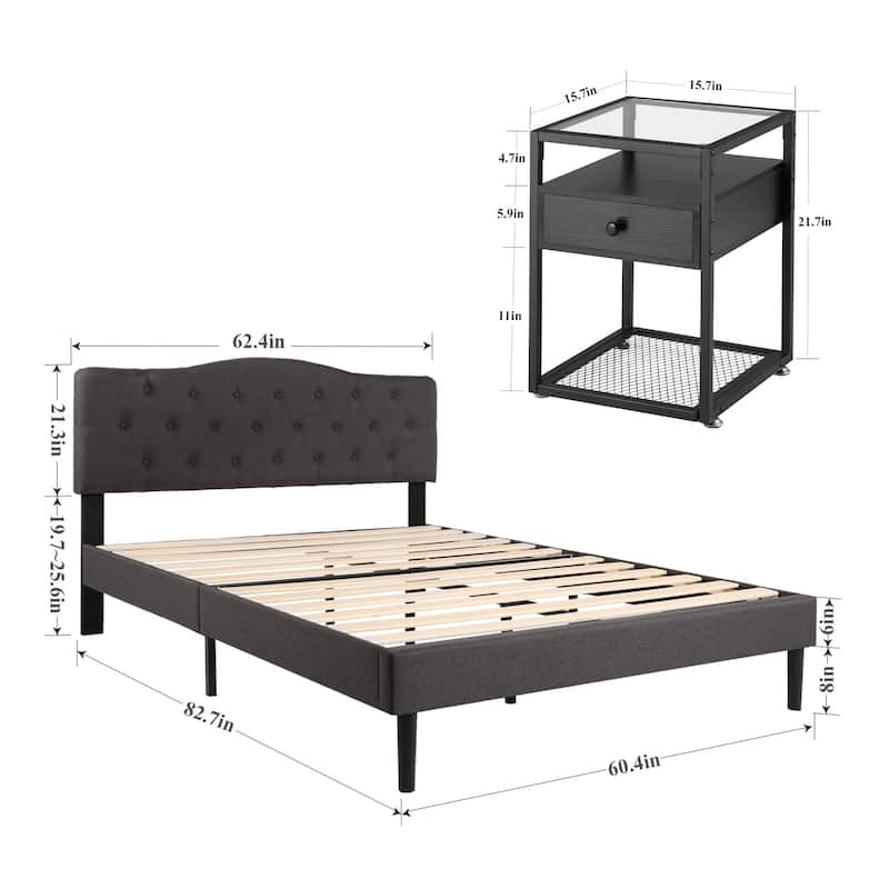Taomika 3-pieces Height Adjustable Upholstered Bed and Modern Tempered Glass Nightstands Set