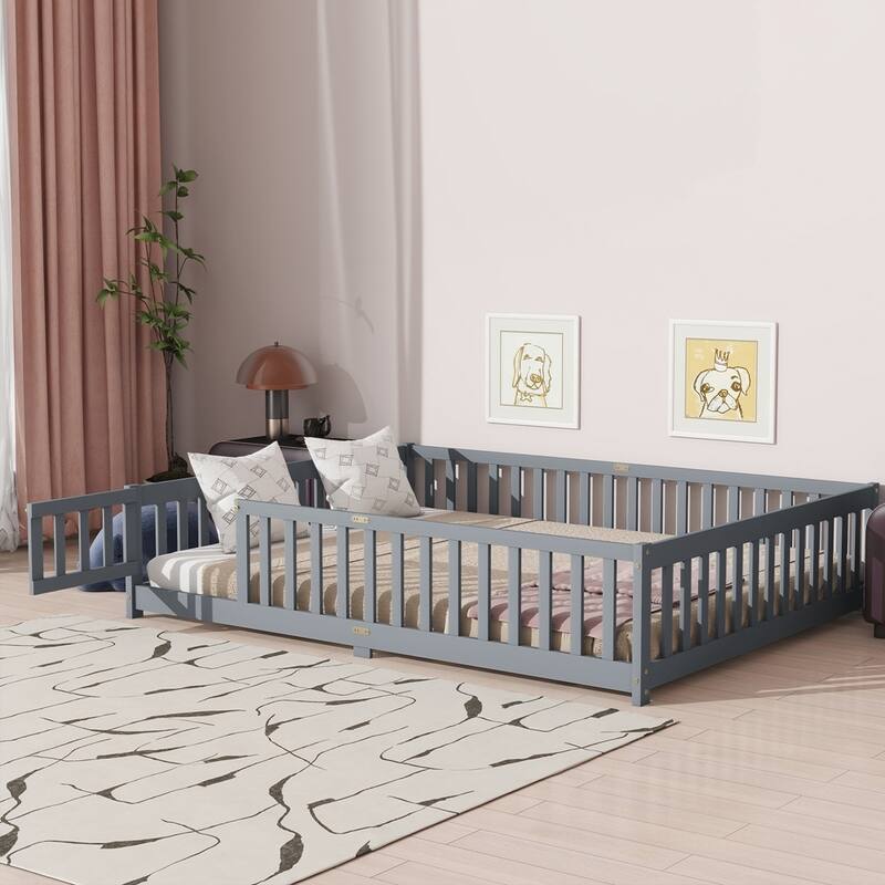 Rubber Wood Floor Bed with Safety Guardrails