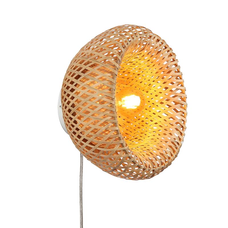 Farmhouse Wicker Wall Lamp Fixture Plug in Cord Bamboo Handmade Mounted Sconces for Living Room, Bedroom - Yellow - Yellow