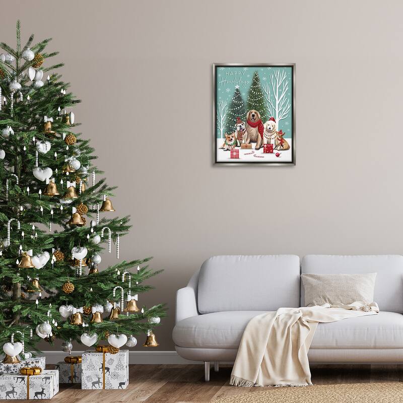 Stupell Festive Winter Dogs Scene Framed Floater Canvas Wall Art Design By Elizabeth Tyndall