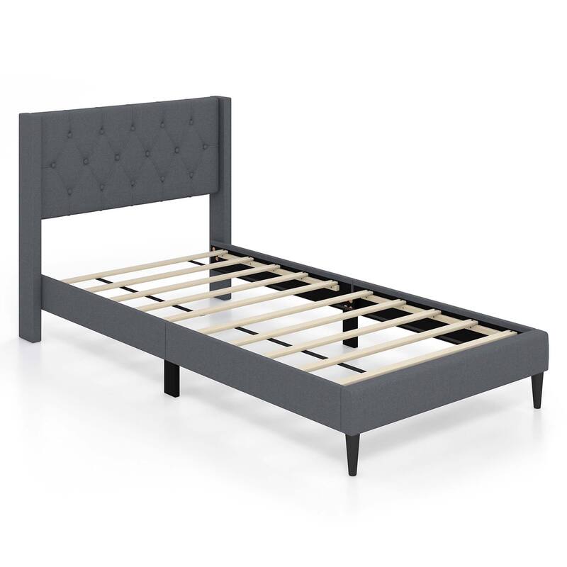 Costway Twin Size Upholstered Platform Bed with Button Tufted Wingback - Grey