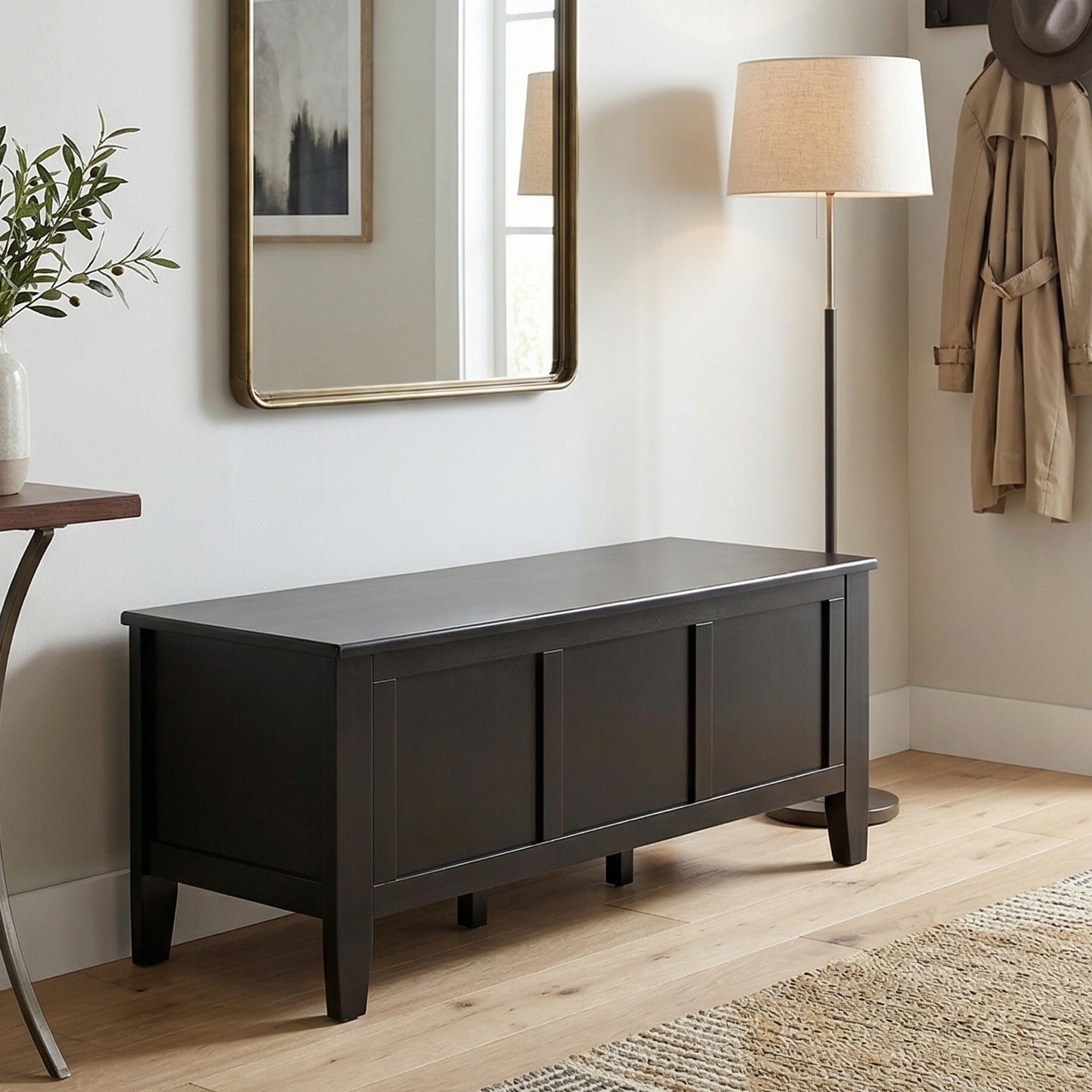 WYNDENHALL Riverside 51 inch Wide Solid Wood Transitional Storage Bench Trunk in Black