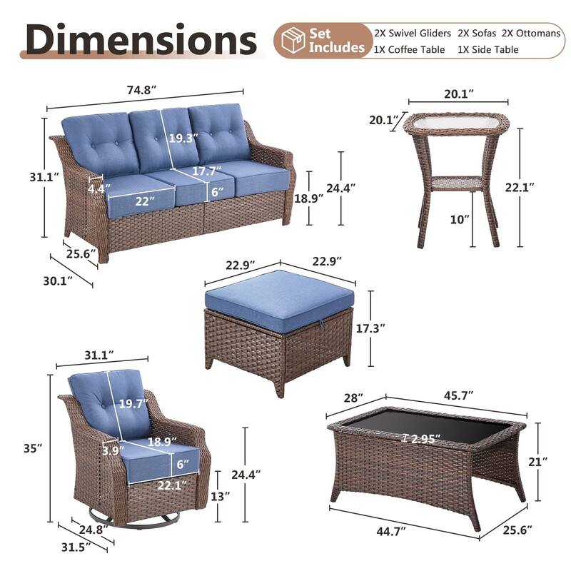 Artisan 8-Piece Patio Brown Wicker Sofa Conversation Set with 6-Inch Thick Cushions