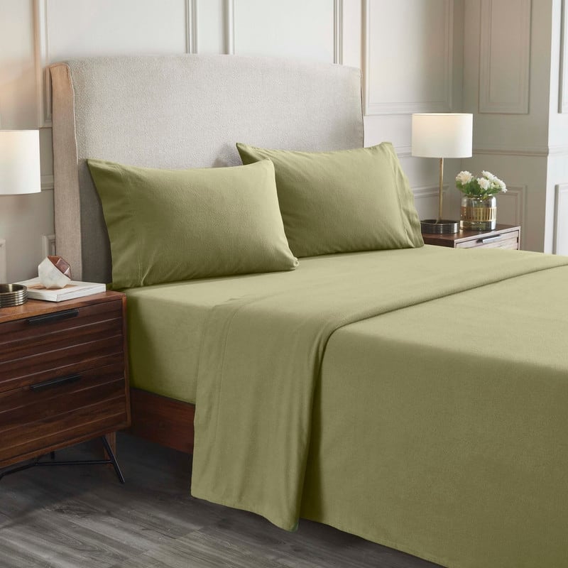 Superior Solid Flannel Cotton Fuzzy Deep Pocket Sheet Set - Sage - California King