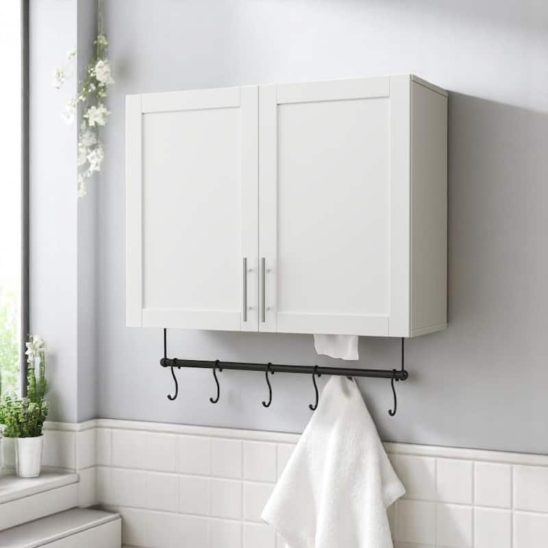 Wall Mounted Bathroom Cabinet with Towel Rack, 5 Hooks, Adjustable Shelf, Compact Storage for Small Spaces - White