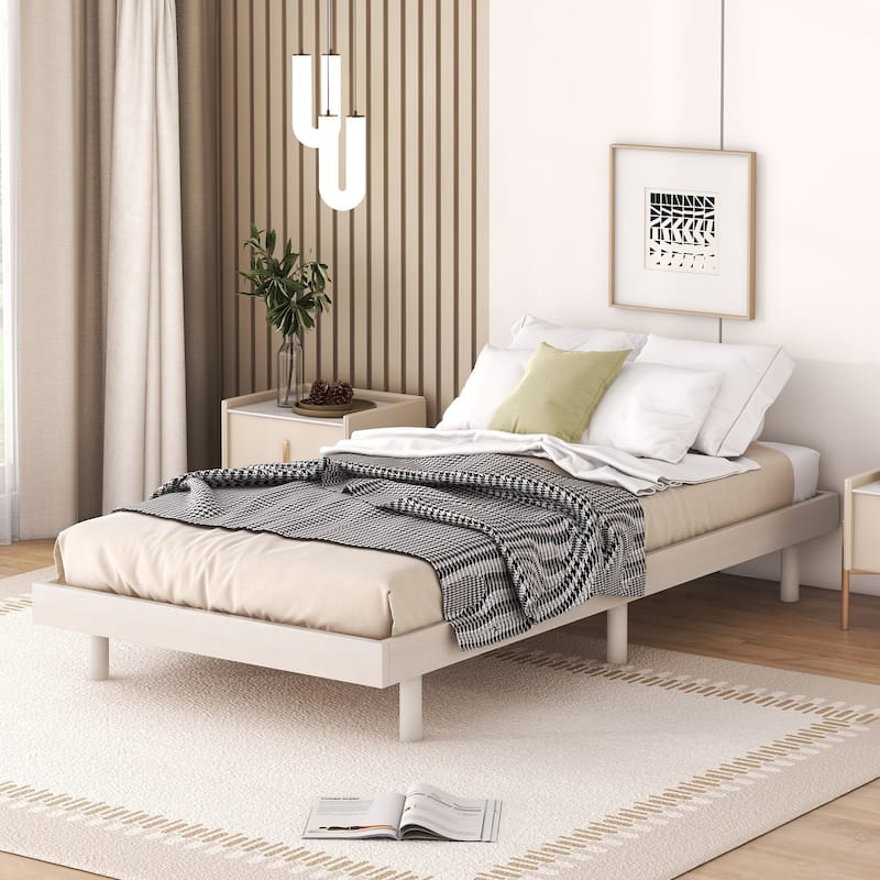 Modern Floating Platform Bed Frame Twin Size White Washed - Sturdy Wood Construction, Easy Assembly, No Box Spring Needed - White Washed