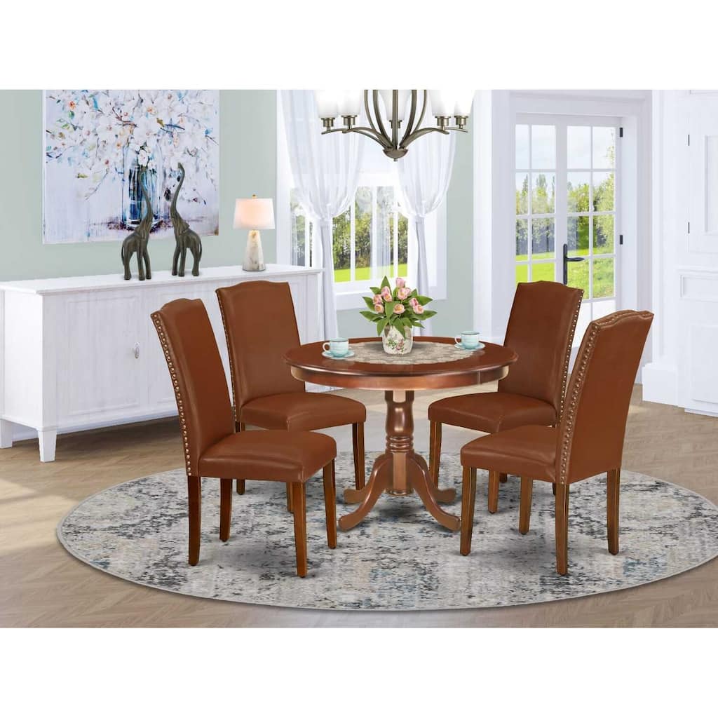 Round Dinette Set 5Pc - 42 Inch Table & 4 Parsons Chairs - Brown Faux Leather - Medieval Style