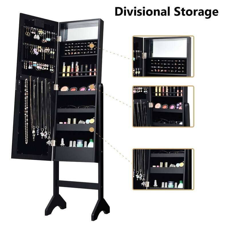 LED-Lighted Standing Jewelry Armoire Storage Cabinet with Full Length Mirror - 14" x 12.5" x 57" (L x W x H)