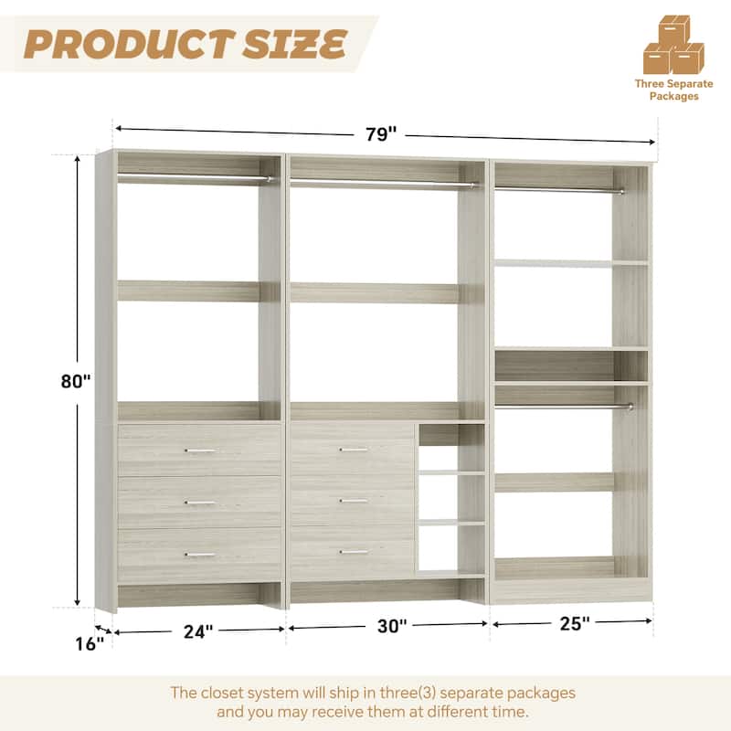 Cimly Set of 3 Closet System with 6 Drawers, 104'' Wide Freestanding Closet Organizer