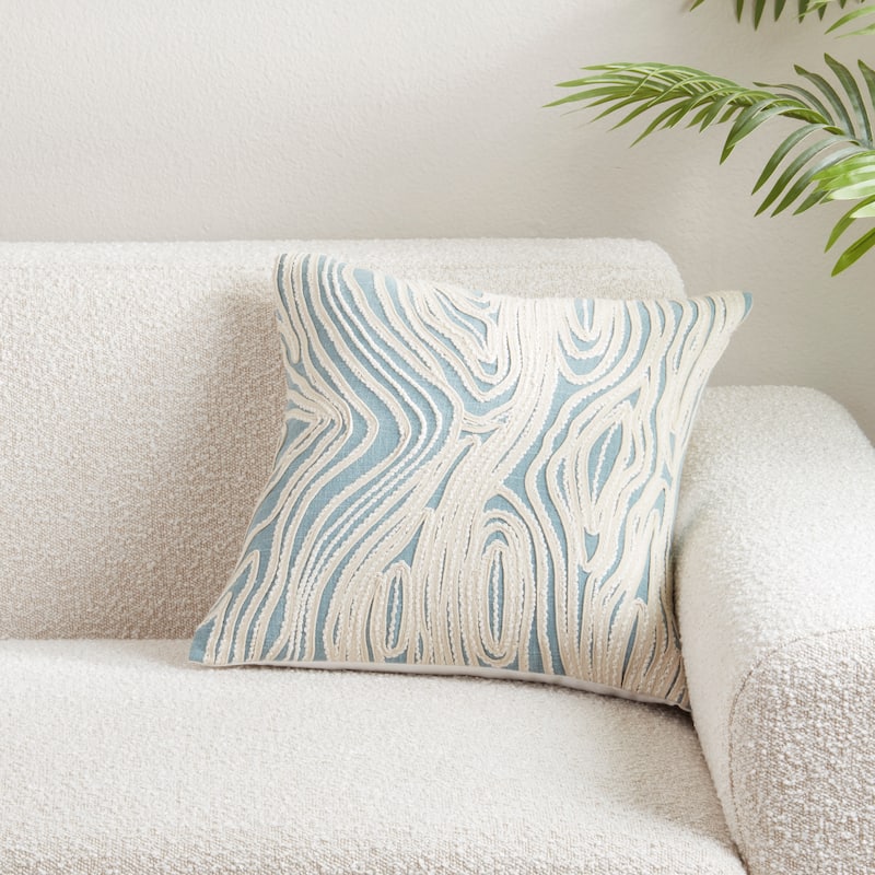 Embroidered Wave Cotton Throw Pillow - Textured Swirl Stitch Design for Sofa, Bed & Accent Styling, 18"x18"