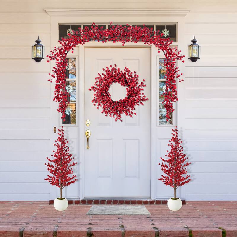Glitzhome Christmas Greenery PE Dripping Pine Porch Tree with Pinecones and Red Berries