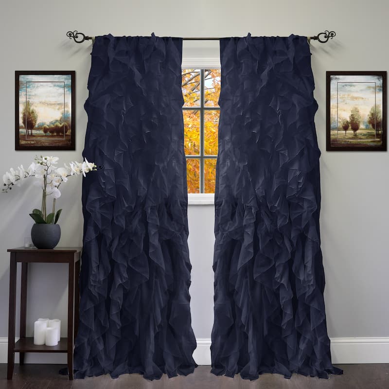 Sweet Home Collection Chic Sheer Voile Vertical Ruffled Tier Window Single Panel Curtain - 108" Long - Navy