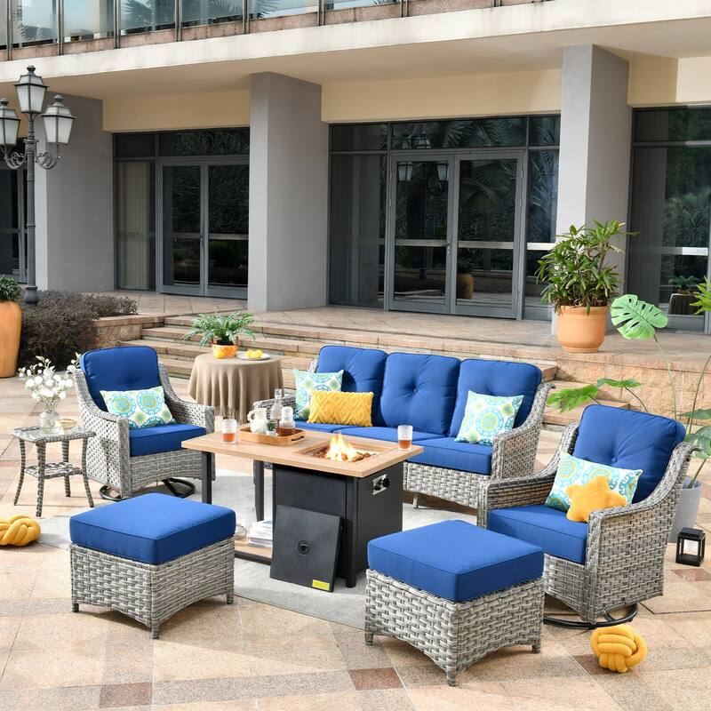 OVIOS 7 Pieces Outdoor Wicker Curved Swivel Chair Set With Fire Table - Navy Blue