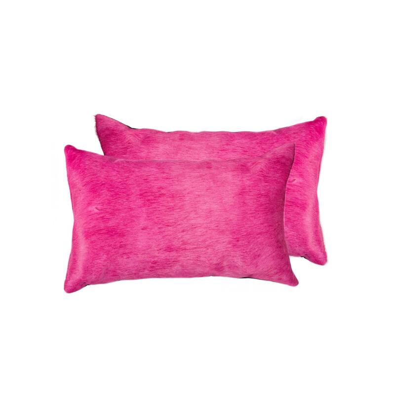 HomeRoots Set of Two 12" X 20" Fuchsia Cowhide Lumbar Throw Pillows