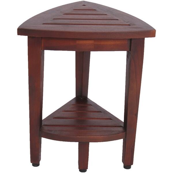 Compact Teak Corner Shower Outdoor Bench with Shelf in Brown Finish