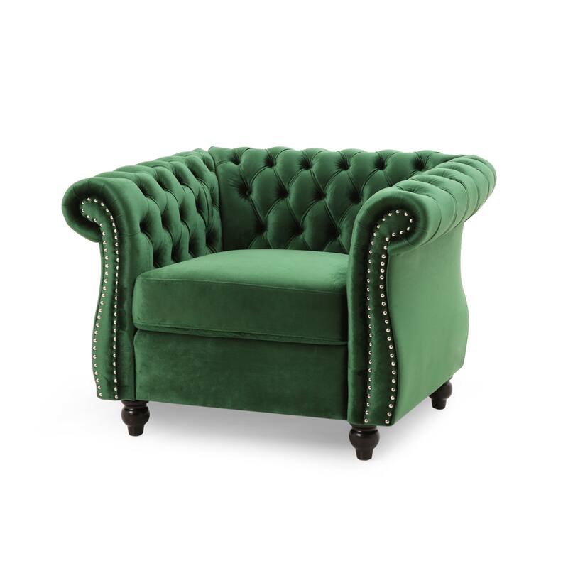 Roomfitters Chesterfield Club Chair with Deep Tufting, Rolled Arms and Nailhead Trim, Velvet Accent Armchair