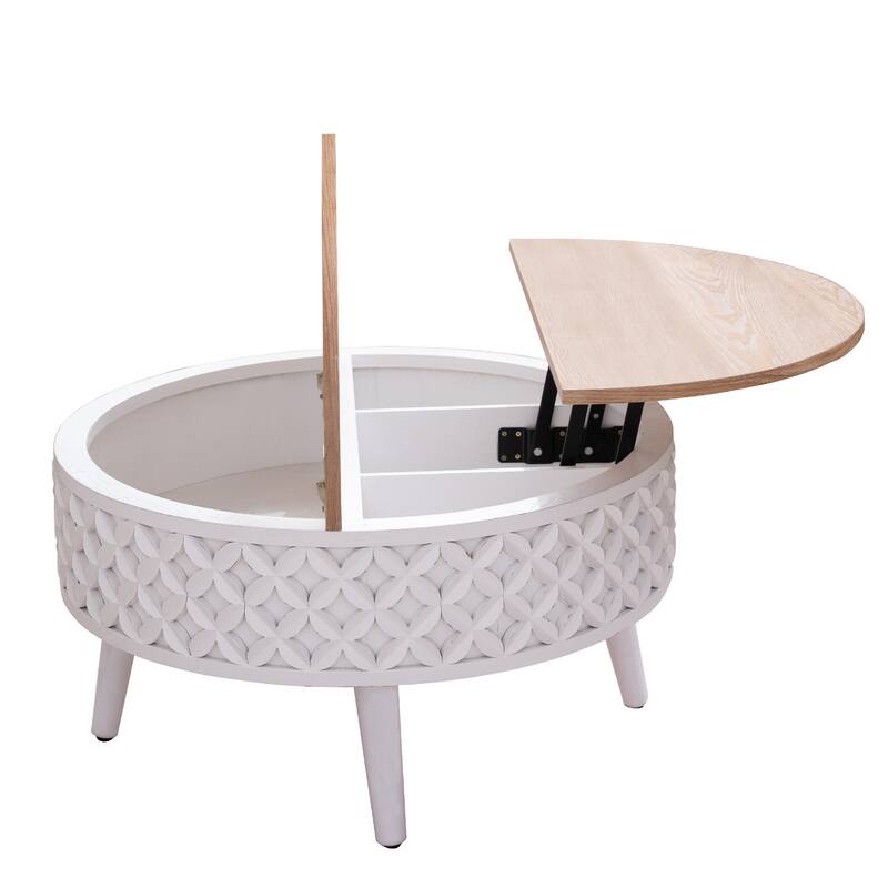 Roomfitters Round Lift-Top Coffee Table with Hidden Storage, 31.5-Inch Accent Table, White Base and Natural Wood Top
