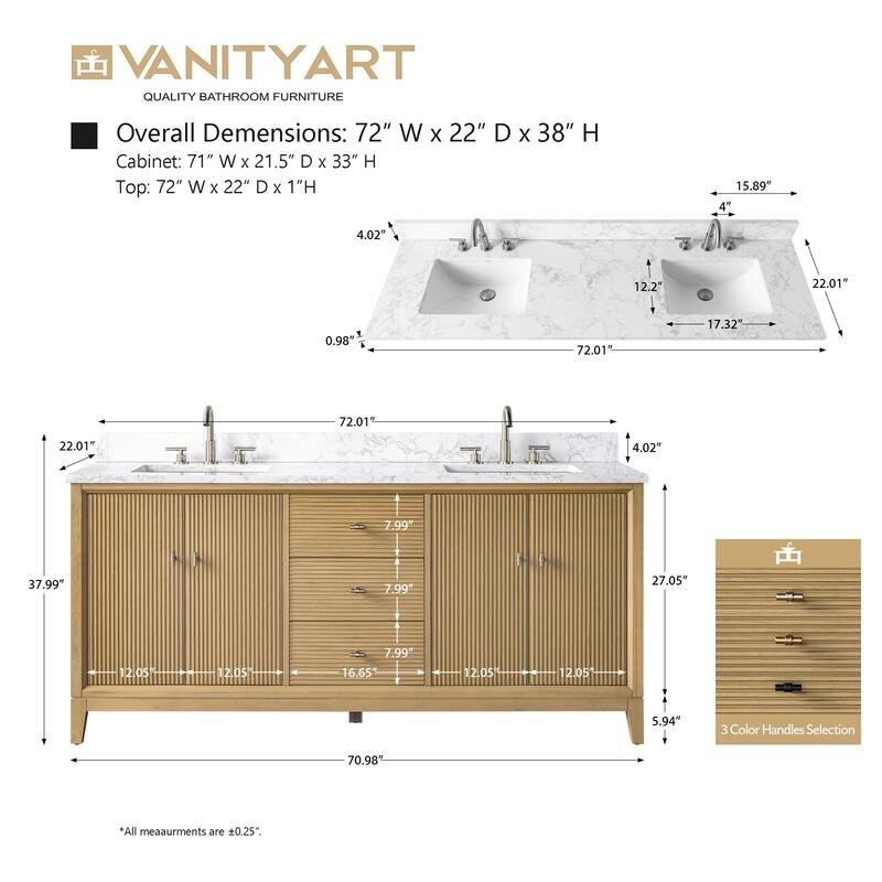 Vanity Art 72" Freestanding Bathroom Vanity with Engineered Marble Top and Sinks