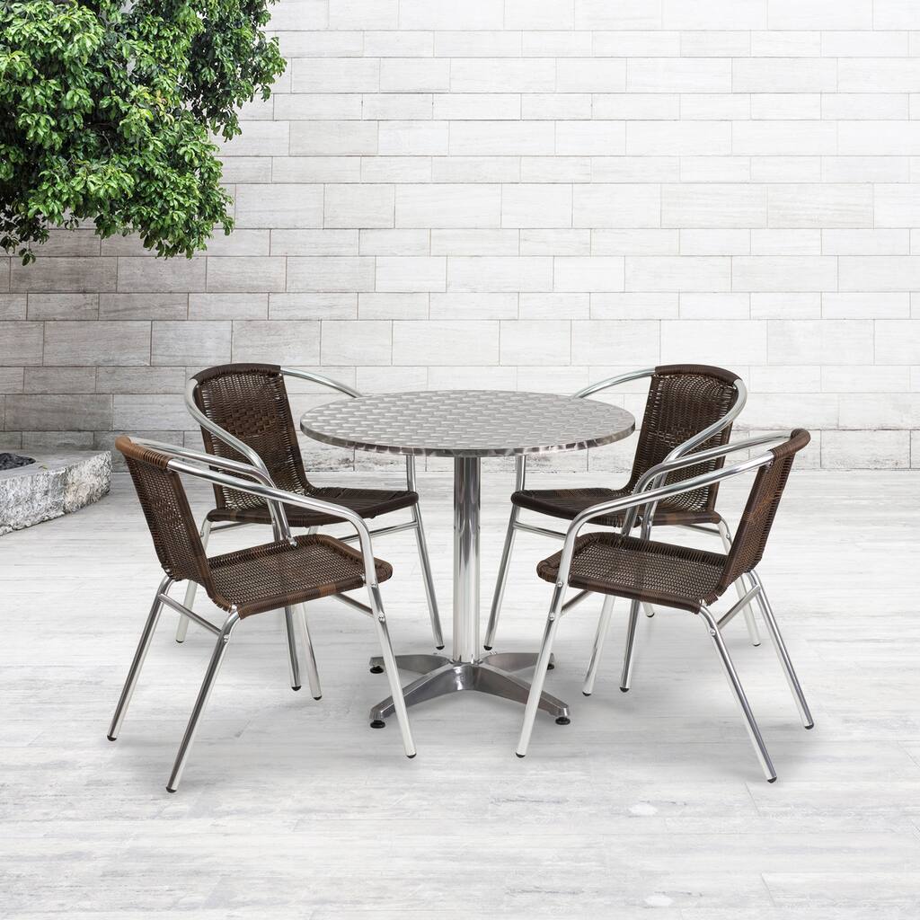 31.5'' Round Aluminum Indoor-Outdoor Table Set with 4 Rattan Chairs - 31.5"W x 31.5"D x 27.5"H