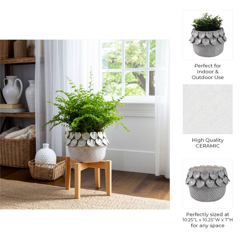 Stoneware Planter with Sculpted Leaf Accents and Textured Detailing