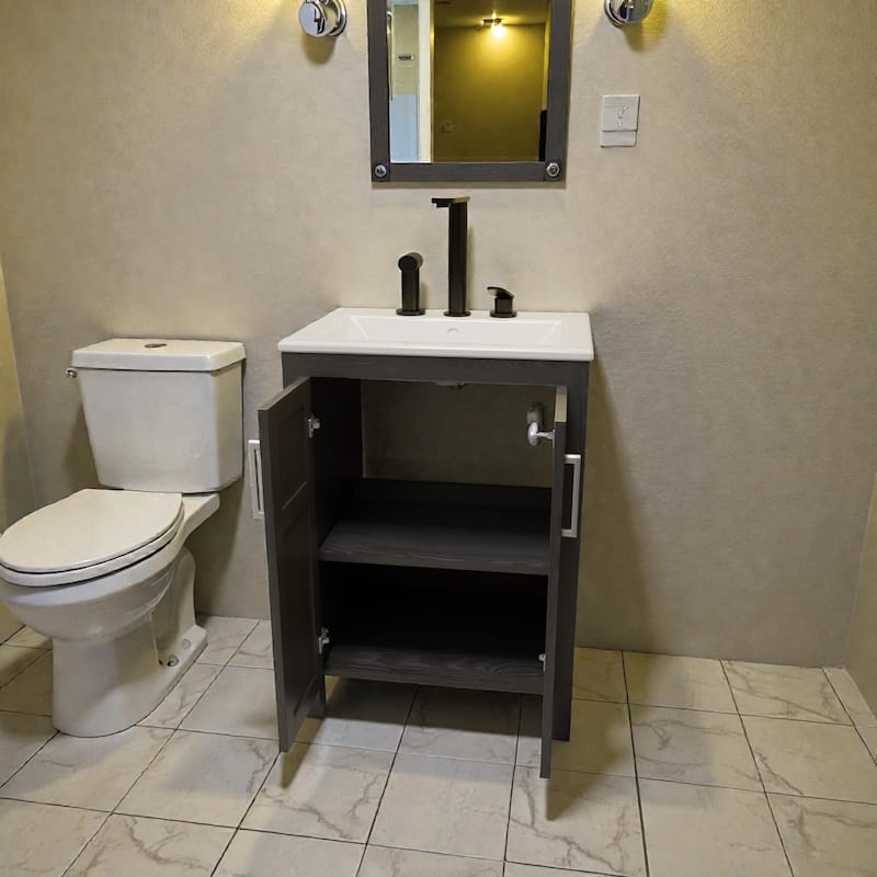 24 Inch Bathroom Vanity with Sink, Black Vanity Cabinet with White Ceramic Sink, Faucet and Pop-Up Drain Set