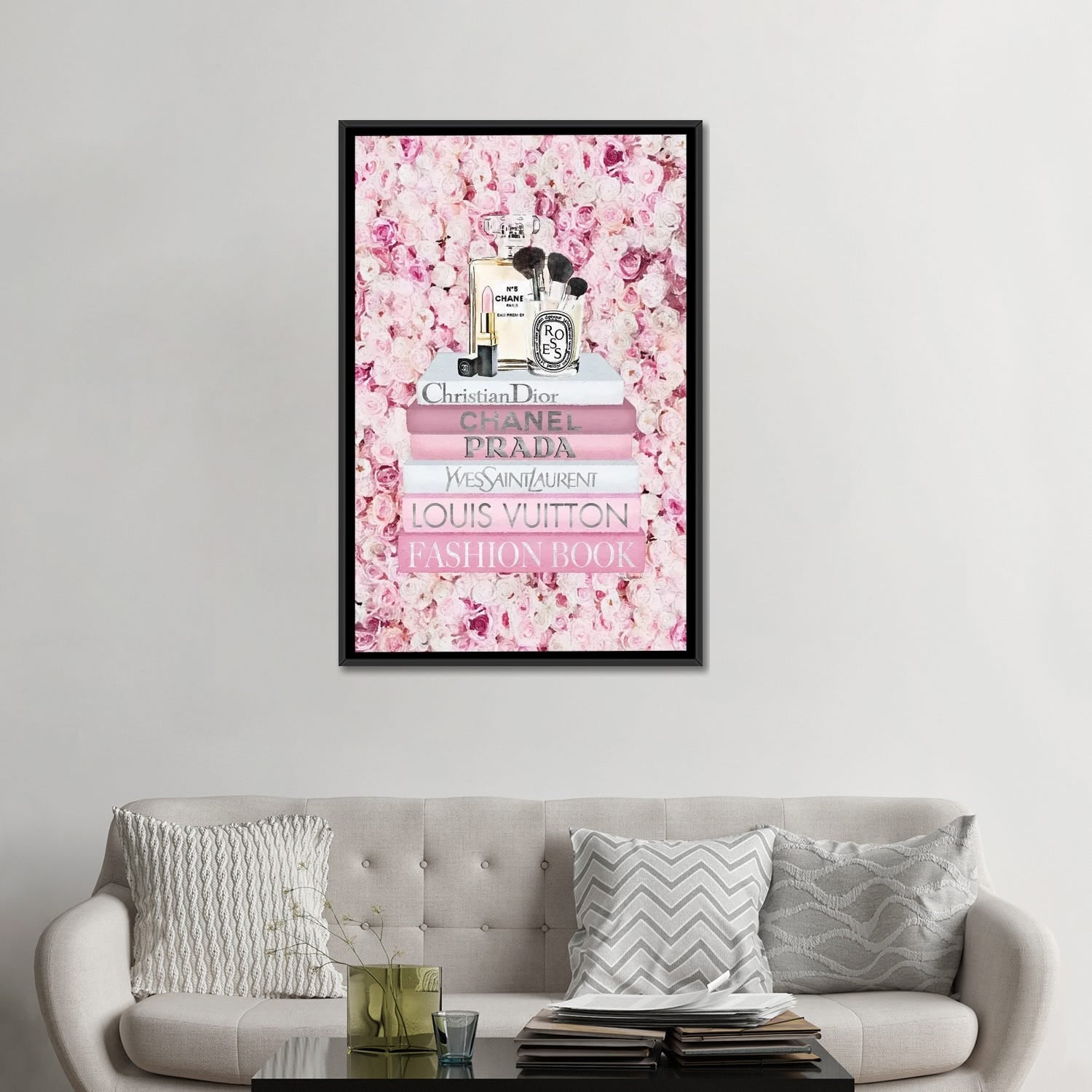 Blush Fashion Books On Pink Flower Wall - Art Print