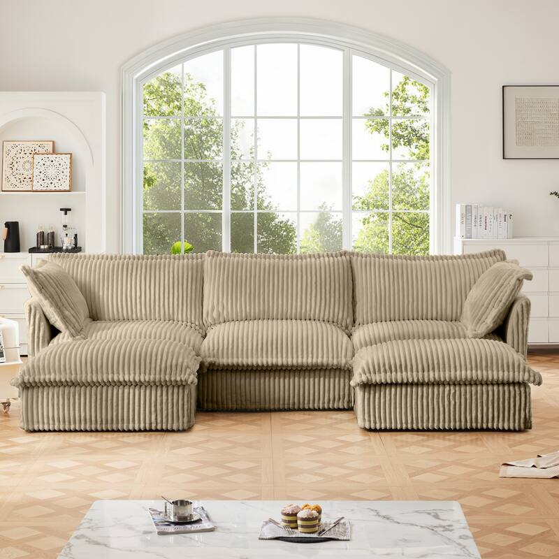 120" U-Shaped Corduroy Sectional Sofa with Slipcover & Cloud Cushions - Camel