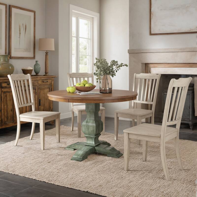 Ronda 45" Round Solid Wood Top Dining Set with Spindle Back Chairs - Antique Sage Green Table - Antique White Chairs