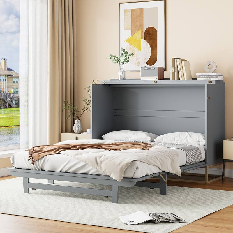 Queen Wood Murphy Bed, Modern Murphy Bed Chest with Metal Leg, Home Folded Bed Frame with Wood Slat Support for Small Room