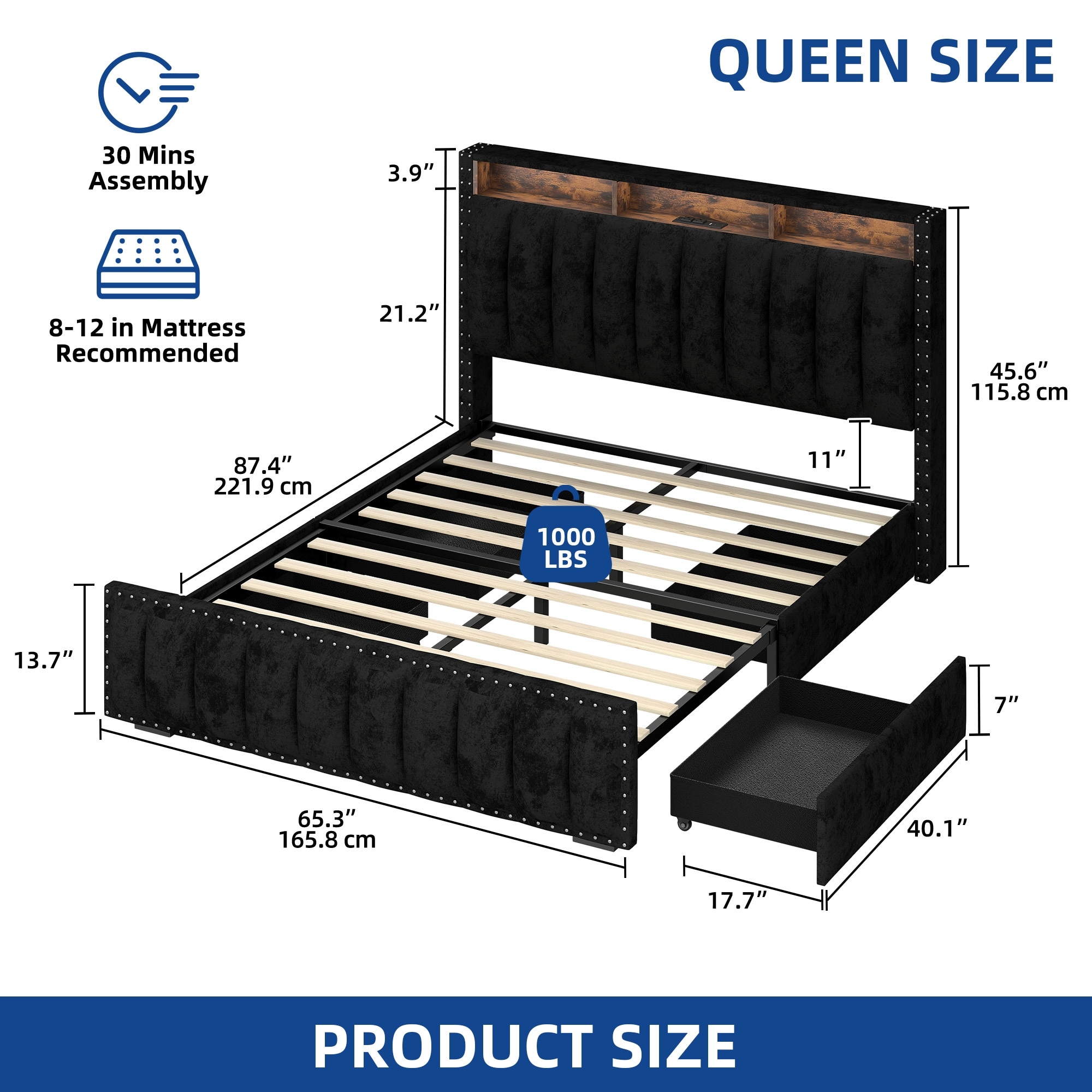 Moasis Velvet Upholstered Platform Bed with 4 Storage Drawers and RGB LED Lights&Charging Station