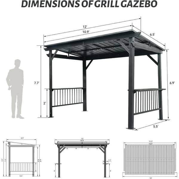 dimension image slide 0 of 2, Domi 6.5 ft. x 12 ft. Hardtop Grill Gazebo with 2 Side Shelves and Ceiling Hooks, Outdoor BBQ Canopy