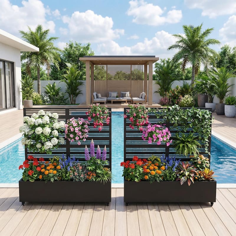 Metal Galvanized Planter Box with Trellis Privacy Screen Lockable Wheels Set of 2