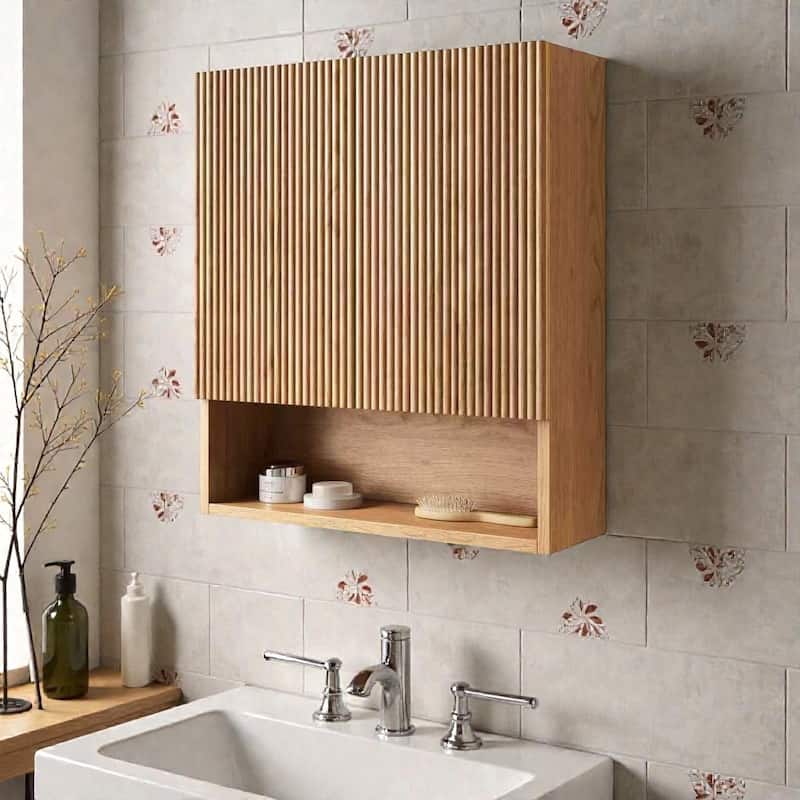 26" Wall-Mounted Striped Bathroom Storage Cabinet with Doors, Shelf & Open Compartment, Over-The-Toilet Organizer