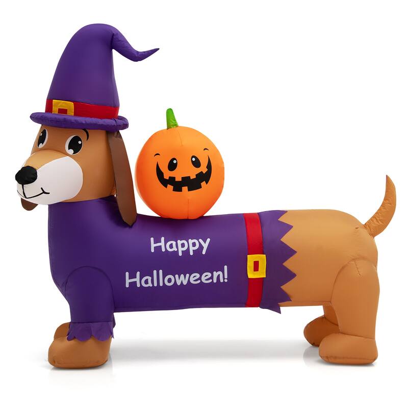Gymax 5FT Inflatable Halloween Dachshund Dog & Ghost Pumpkin Holiday