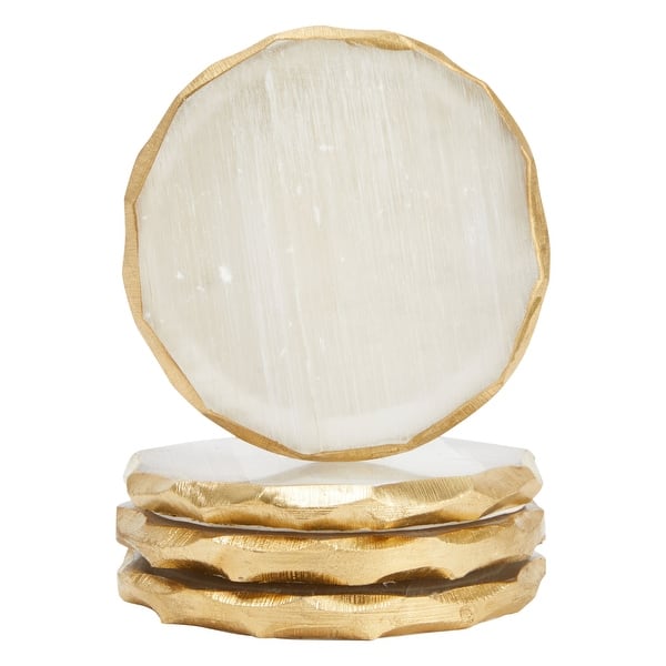 slide 2 of 7, 4 Pack Natural Selenite Crystal Coasters for Drinks, Geode Slices with Gold Painted Edge (3.75-4 In)
